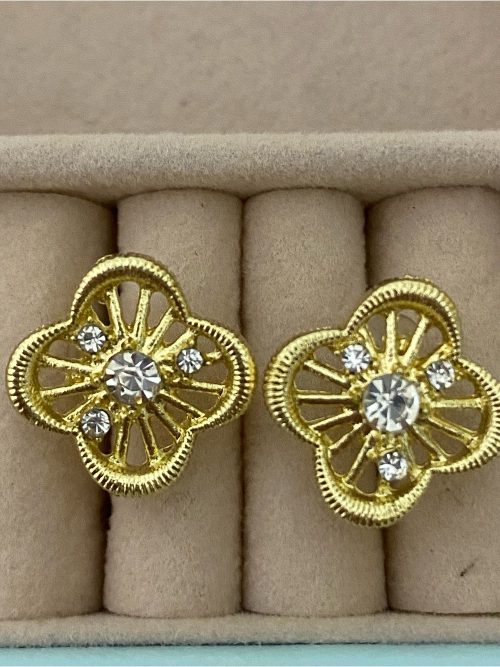 Gold Floral Crystal Stud Earrings - Elegant Women Jewelry